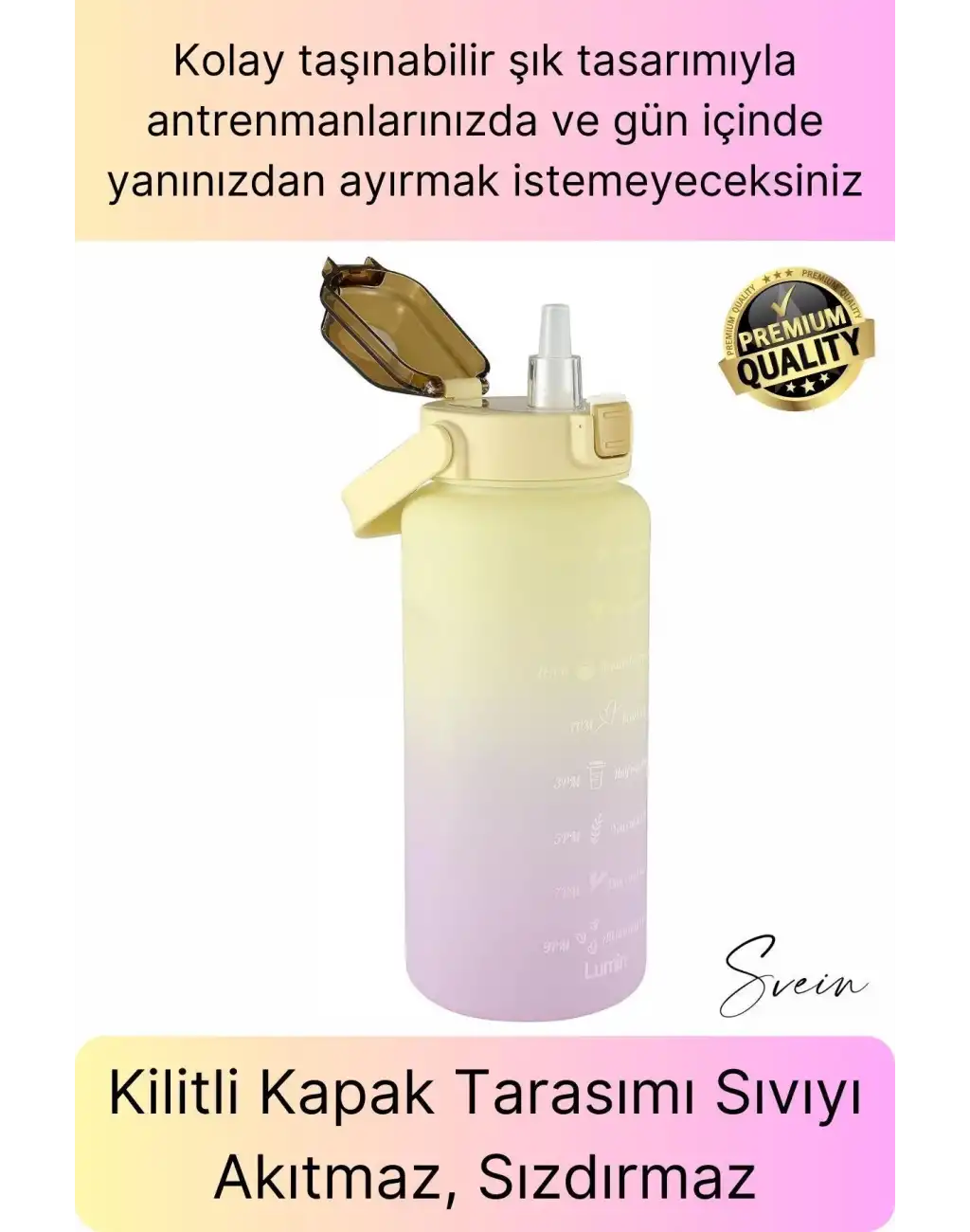 Premium 2 Lt Pipetli Kilitli Sızdırmaz Kapaklı Tutma Saplı Motivasyon Suluk Matara Sporcu Su Şişesi
