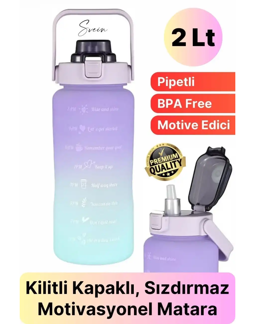 Premium 2 Lt Pipetli Kilitli Sızdırmaz Kapaklı Tutma Saplı Motivasyon Suluk Matara Sporcu Su Şişesi