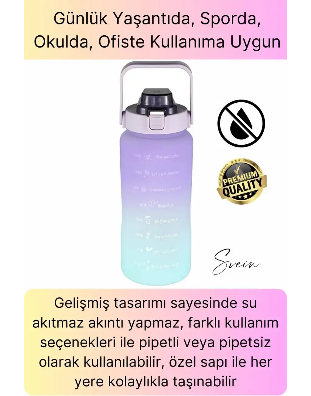 Premium 2 Lt Pipetli Kilitli Sızdırmaz Kapaklı Tutma Saplı Motivasyon Suluk Matara Sporcu Su Şişesi