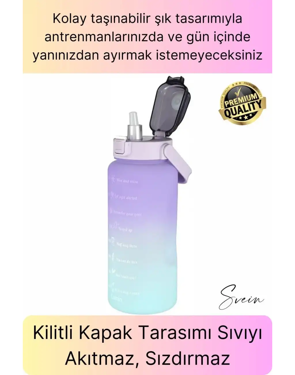 Premium 2 Lt Pipetli Kilitli Sızdırmaz Kapaklı Tutma Saplı Motivasyon Suluk Matara Sporcu Su Şişesi