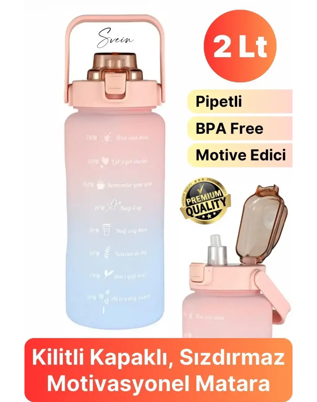 Premium 2 Lt Pipetli Kilitli Sızdırmaz Kapaklı Tutma Saplı Motivasyon Suluk Matara Sporcu Su Şişesi