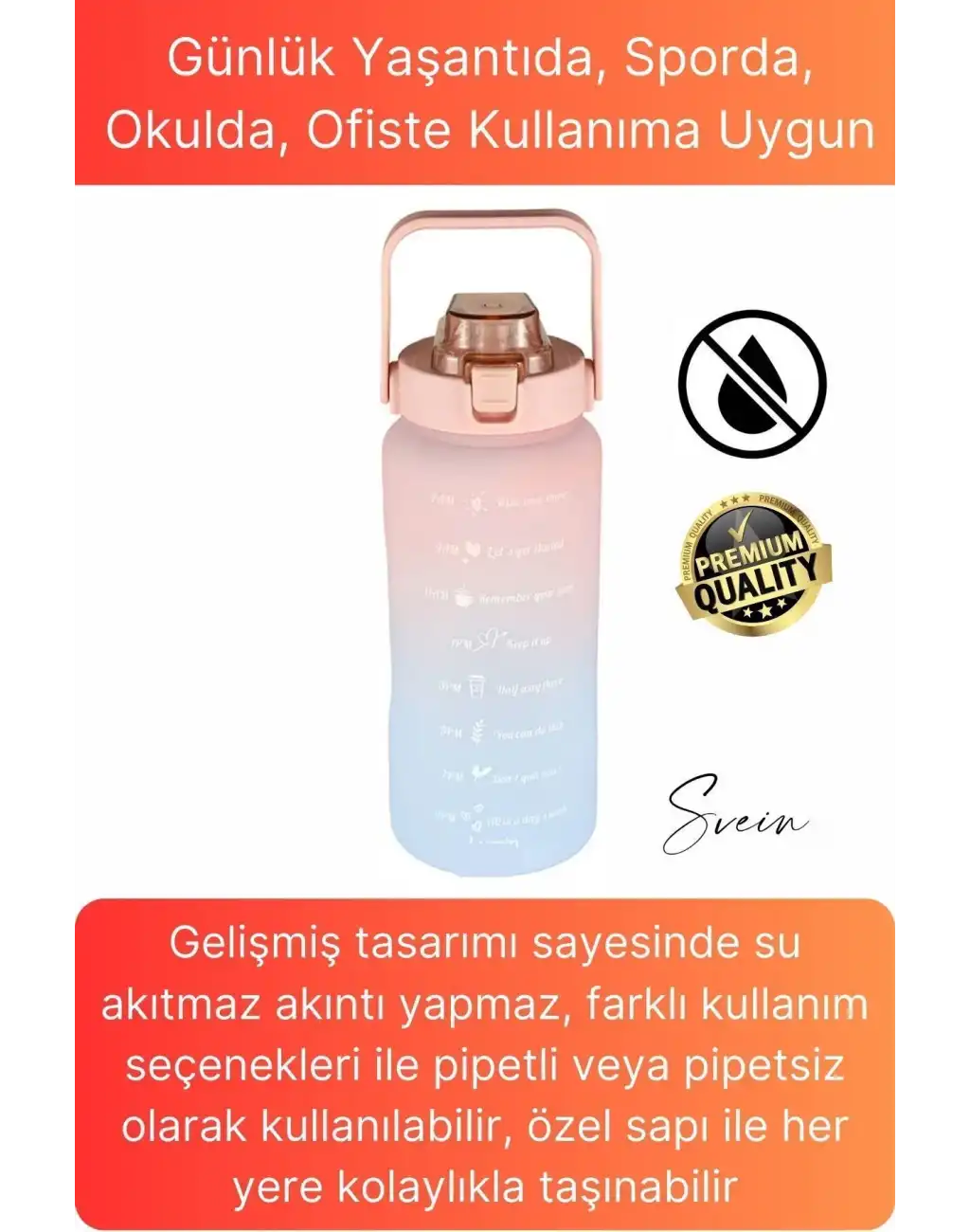 Premium 2 Lt Pipetli Kilitli Sızdırmaz Kapaklı Tutma Saplı Motivasyon Suluk Matara Sporcu Su Şişesi