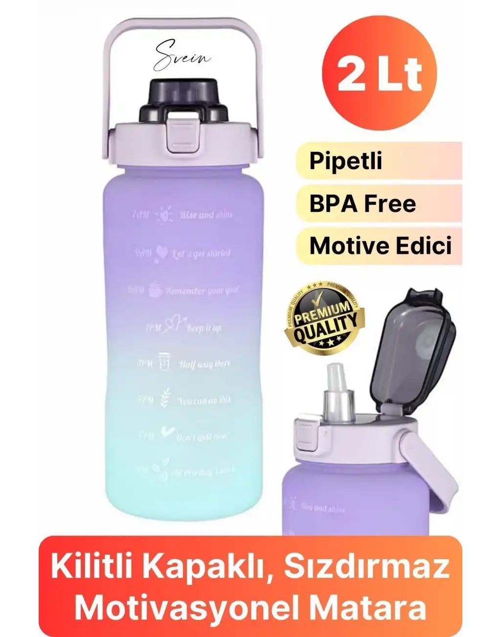 Premium 2 Lt Pipetli Kilitli Sızdırmaz Kapaklı Tutma Saplı Motivasyon Suluk Matara Sporcu Su Şişesi