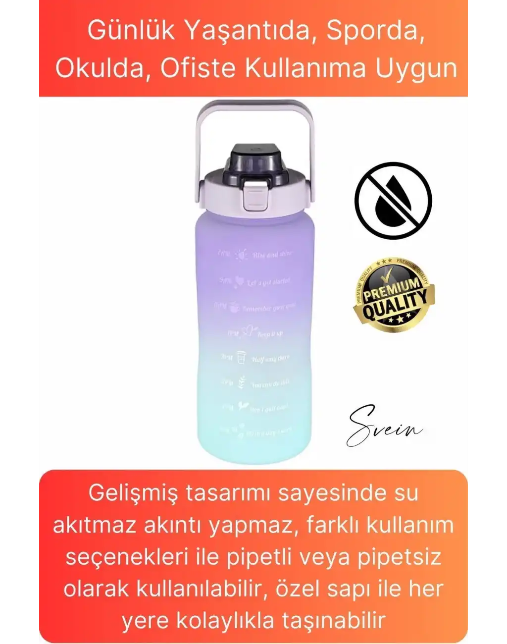 Premium 2 Lt Pipetli Kilitli Sızdırmaz Kapaklı Tutma Saplı Motivasyon Suluk Matara Sporcu Su Şişesi