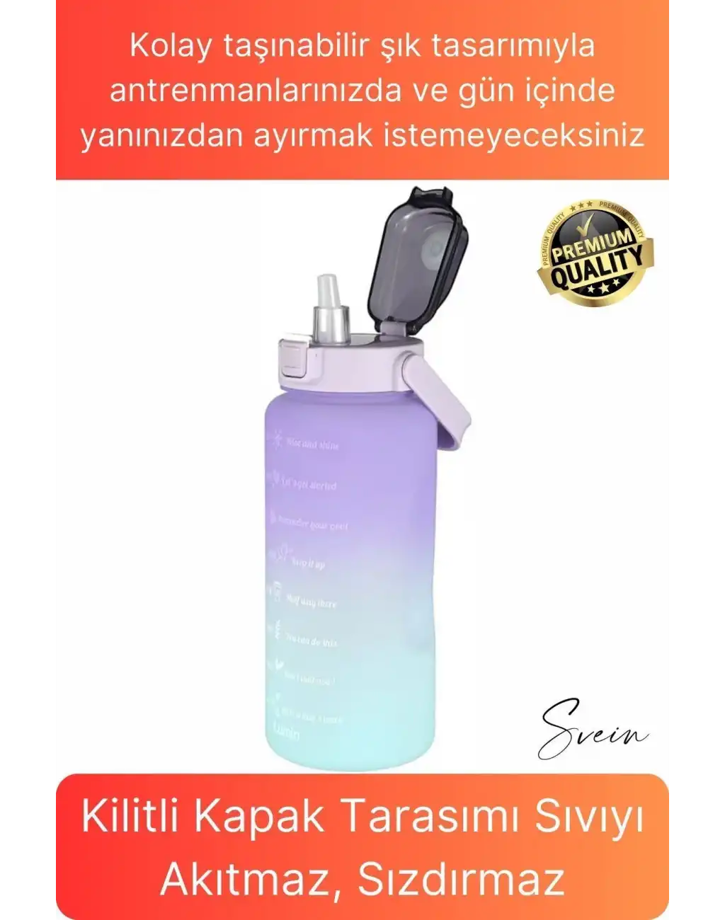 Premium 2 Lt Pipetli Kilitli Sızdırmaz Kapaklı Tutma Saplı Motivasyon Suluk Matara Sporcu Su Şişesi