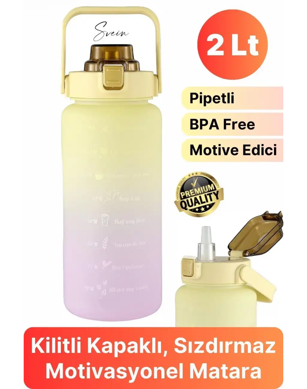 Premium 2 Lt Pipetli Kilitli Sızdırmaz Kapaklı Tutma Saplı Motivasyon Suluk Matara Sporcu Su Şişesi