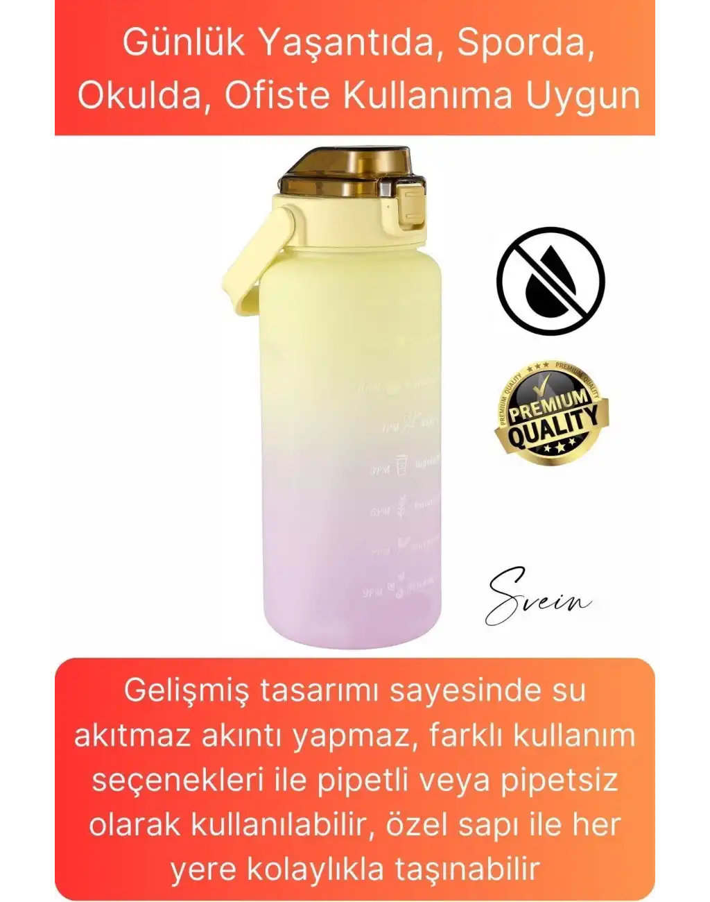 Premium 2 Lt Pipetli Kilitli Sızdırmaz Kapaklı Tutma Saplı Motivasyon Suluk Matara Sporcu Su Şişesi