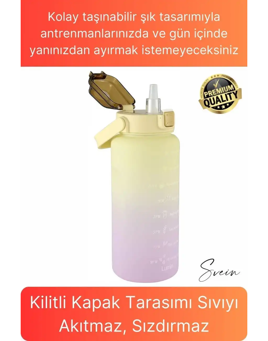 Premium 2 Lt Pipetli Kilitli Sızdırmaz Kapaklı Tutma Saplı Motivasyon Suluk Matara Sporcu Su Şişesi