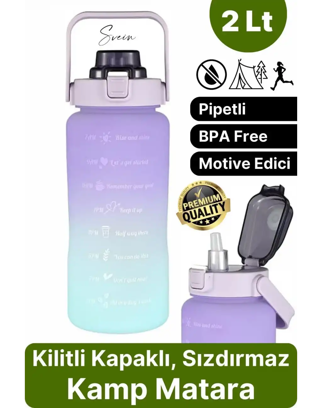Premium 2 Lt Pipetli Kilitli Sızdırmaz Kapaklı Kamp Sağlıklı Motivasyon Suluk Matara Spor Su Şişesi