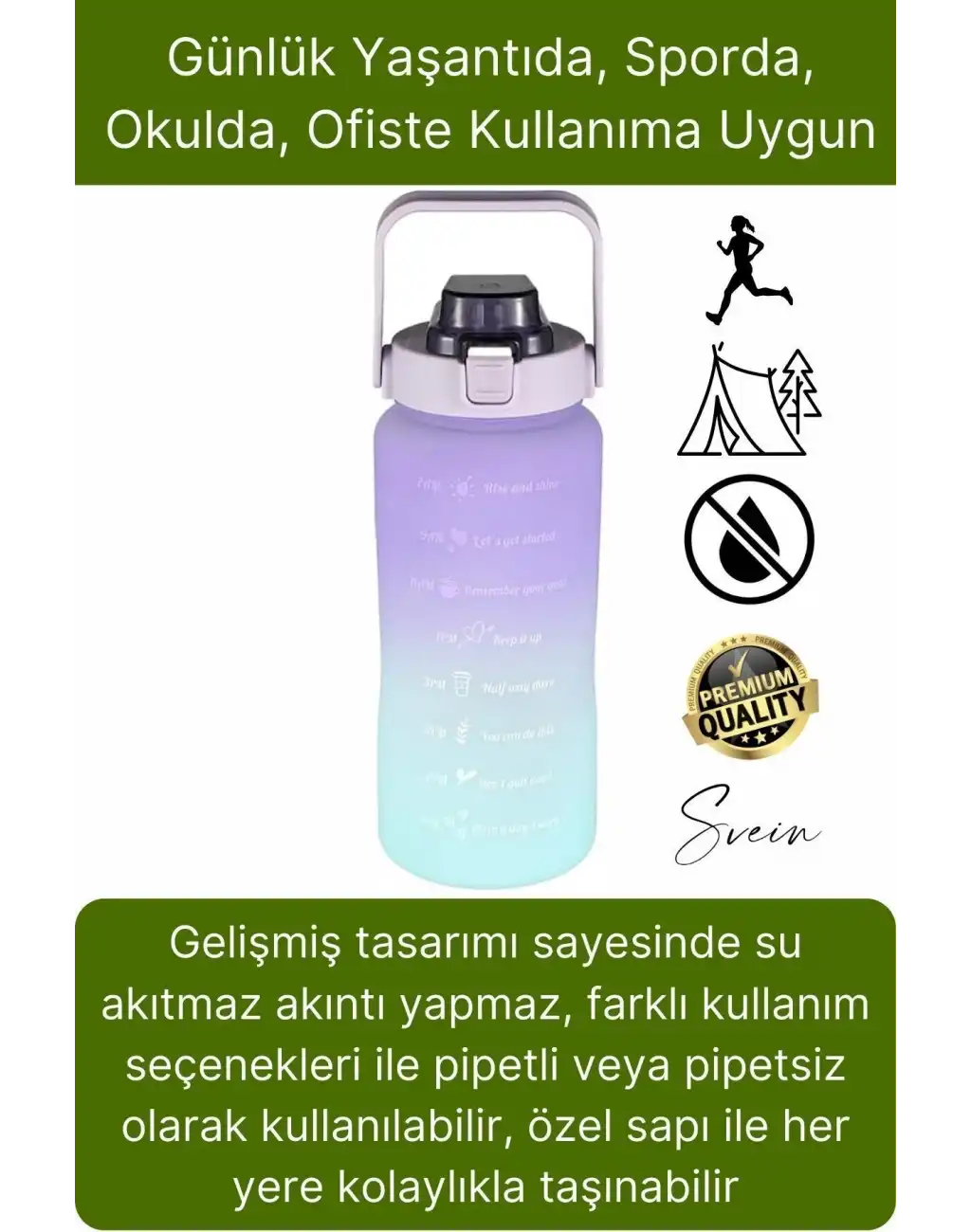 Premium 2 Lt Pipetli Kilitli Sızdırmaz Kapaklı Kamp Sağlıklı Motivasyon Suluk Matara Spor Su Şişesi