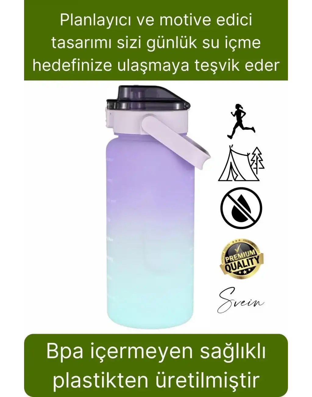 Premium 2 Lt Pipetli Kilitli Sızdırmaz Kapaklı Kamp Sağlıklı Motivasyon Suluk Matara Spor Su Şişesi