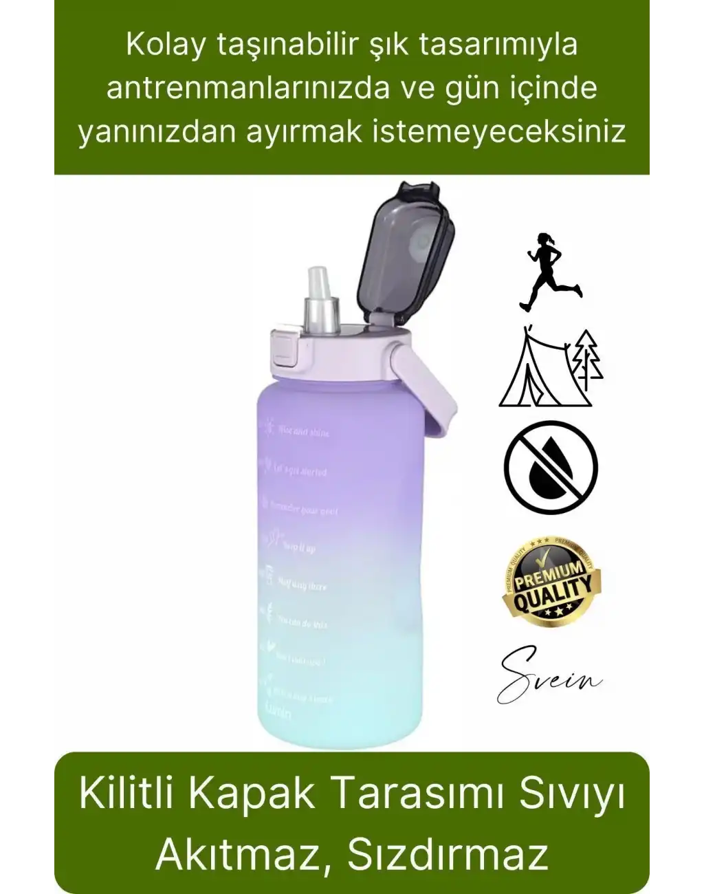 Premium 2 Lt Pipetli Kilitli Sızdırmaz Kapaklı Kamp Sağlıklı Motivasyon Suluk Matara Spor Su Şişesi