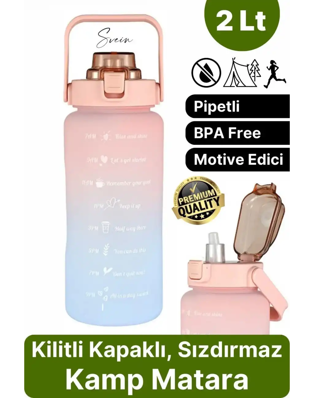 Premium 2 Lt Pipetli Kilitli Sızdırmaz Kapaklı Kamp Sağlıklı Motivasyon Suluk Matara Spor Su Şişesi