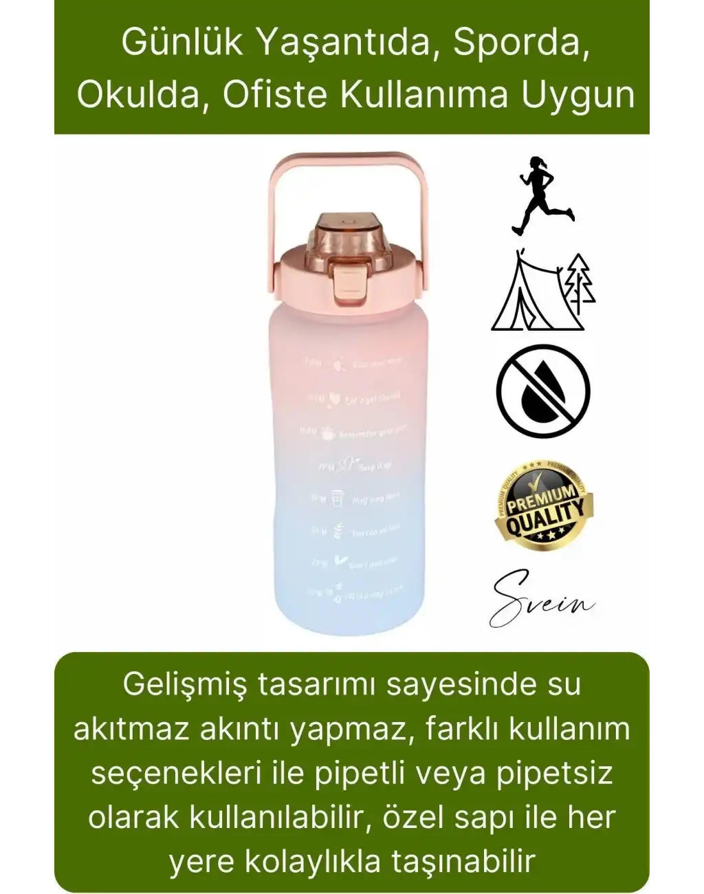 Premium 2 Lt Pipetli Kilitli Sızdırmaz Kapaklı Kamp Sağlıklı Motivasyon Suluk Matara Spor Su Şişesi