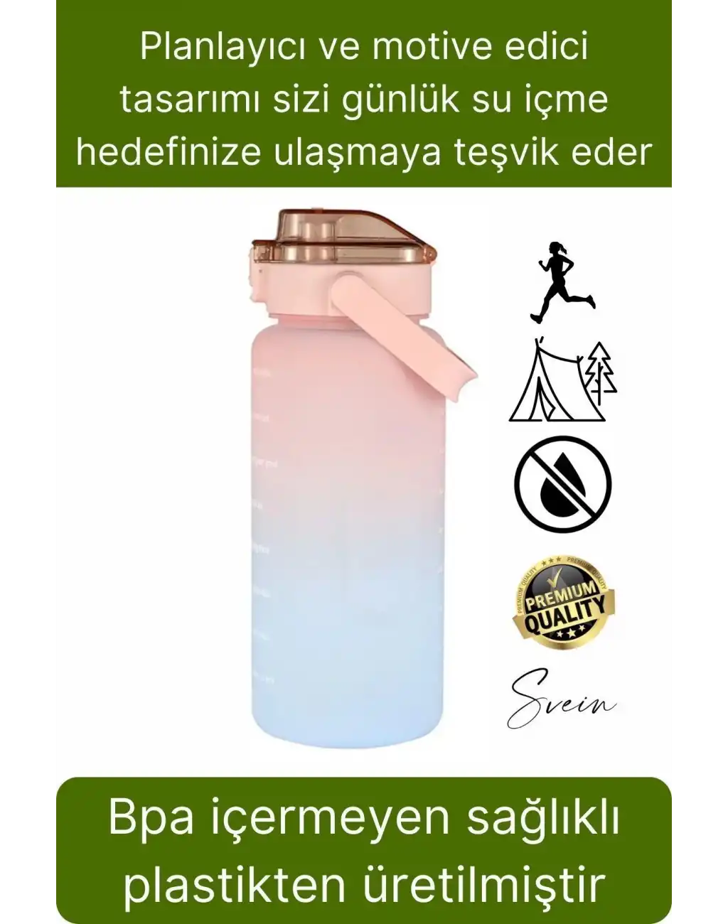 Premium 2 Lt Pipetli Kilitli Sızdırmaz Kapaklı Kamp Sağlıklı Motivasyon Suluk Matara Spor Su Şişesi