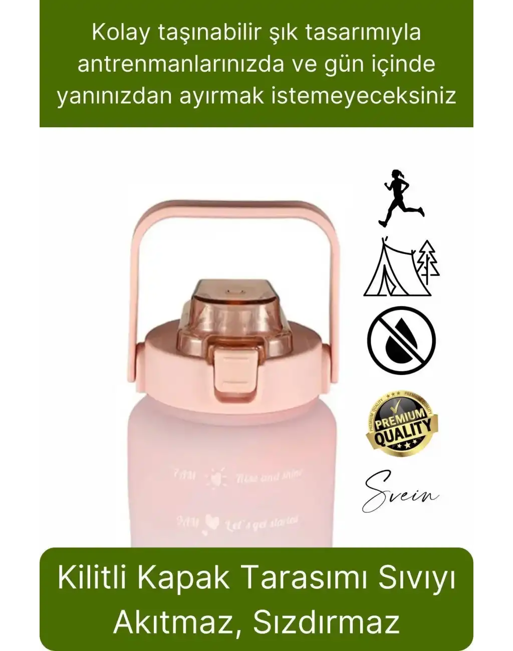 Premium 2 Lt Pipetli Kilitli Sızdırmaz Kapaklı Kamp Sağlıklı Motivasyon Suluk Matara Spor Su Şişesi