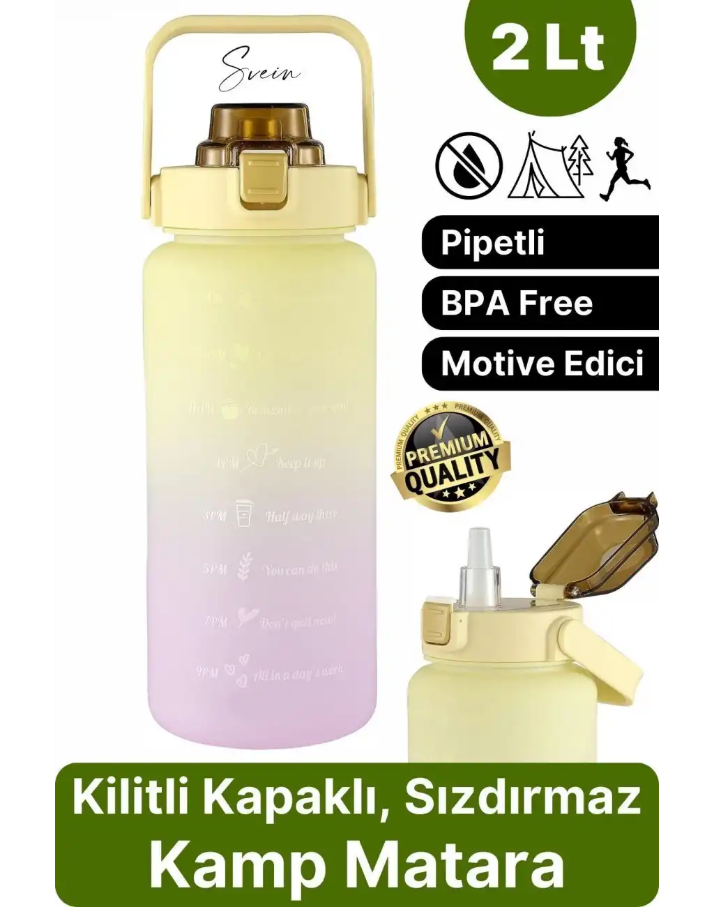 Premium 2 lt Pipetli Kilitli Sızdırmaz Kapaklı Kamp Sağlıklı Motivasyon Suluk Matara Spor Su Şişesi