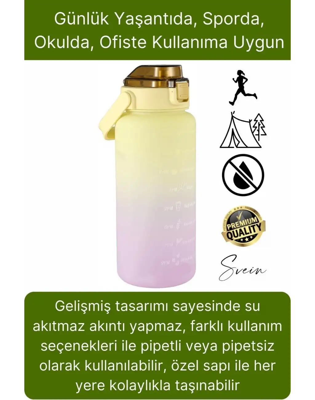 Premium 2 lt Pipetli Kilitli Sızdırmaz Kapaklı Kamp Sağlıklı Motivasyon Suluk Matara Spor Su Şişesi