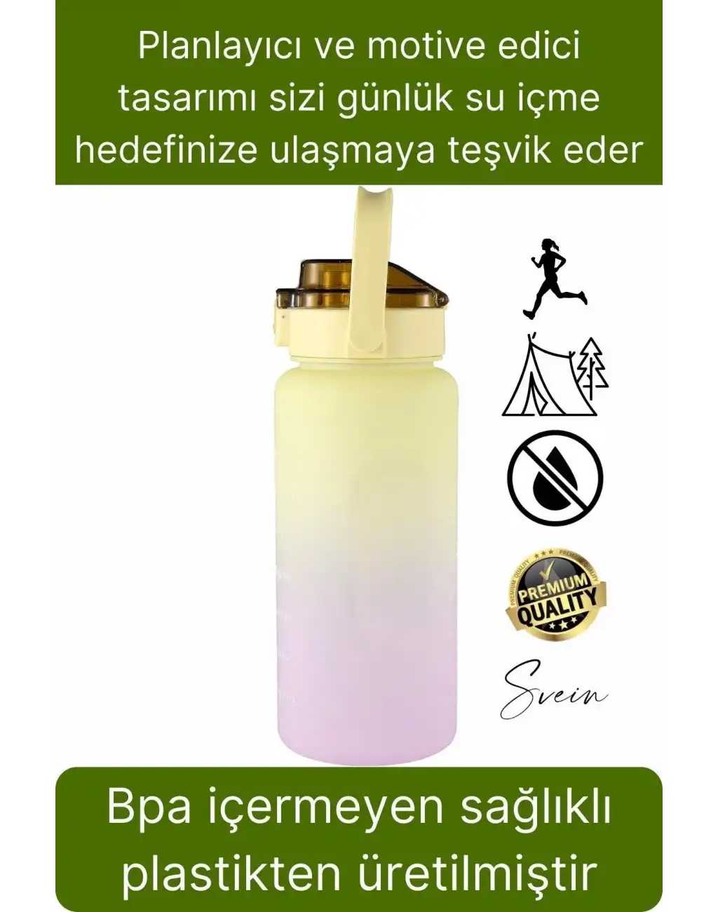 Premium 2 lt Pipetli Kilitli Sızdırmaz Kapaklı Kamp Sağlıklı Motivasyon Suluk Matara Spor Su Şişesi