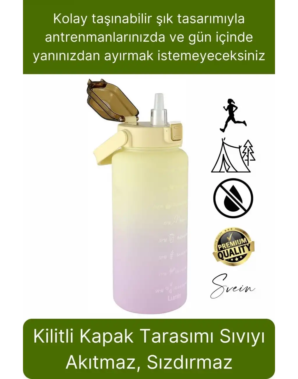 Premium 2 lt Pipetli Kilitli Sızdırmaz Kapaklı Kamp Sağlıklı Motivasyon Suluk Matara Spor Su Şişesi