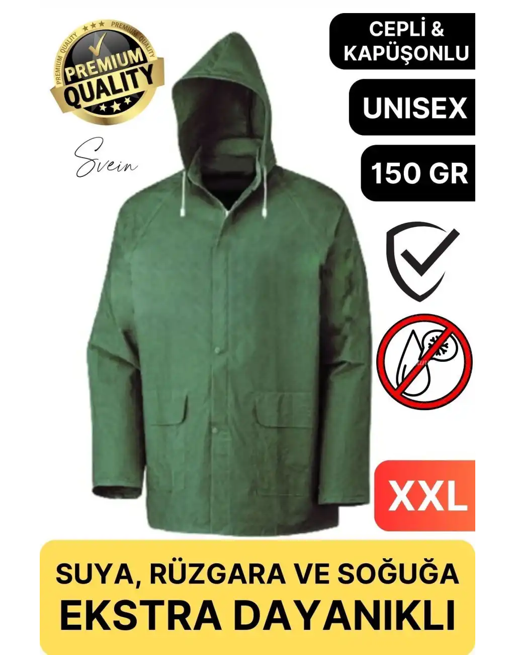 Premium Yeşil Xxl 150 gr Kapüşonlu Cepli Yağmurluk Su Rüzgar Soğuk Geçirmez Unisex Çıtçıtlı Pardösü