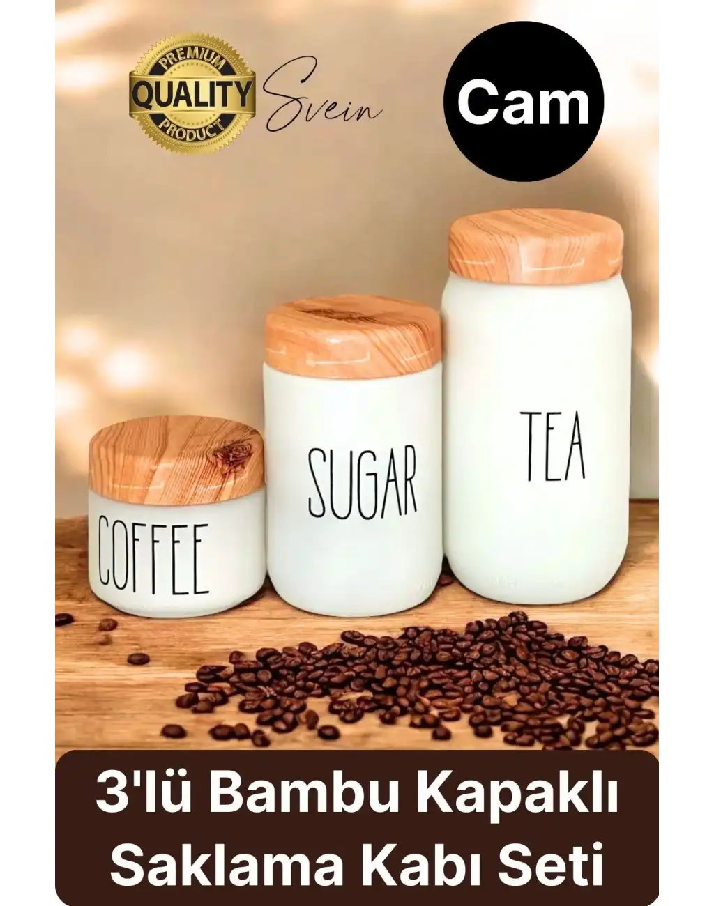 3lü Boy Vakumlu Bambu Kapaklı Cam Beyaz Kavanoz Seti Saklama Kabı Takımı Tuz Şeker Kahve Mutfak