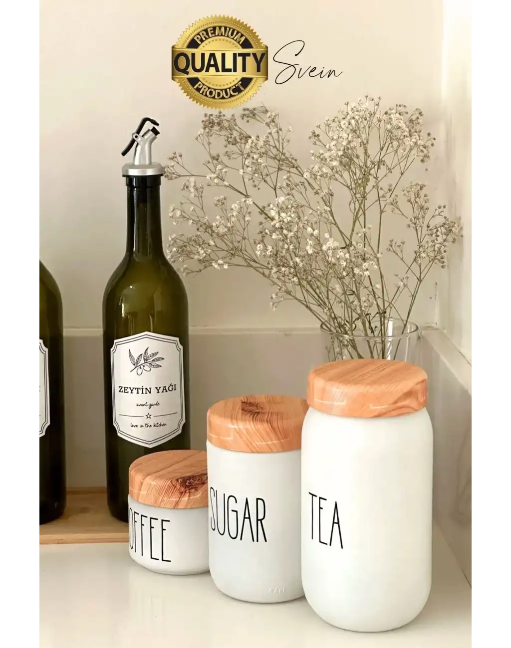 3lü Boy Vakumlu Bambu Kapaklı Cam Beyaz Kavanoz Seti Saklama Kabı Takımı Tuz Şeker Kahve Mutfak
