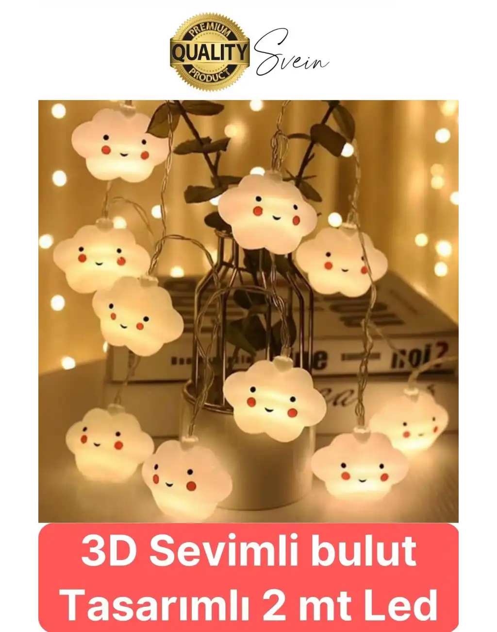 3D Sevimli Bulut Tasarımlı 2 Metre Şerit Zincir 10lu Led Işıklı Aydınlatma Dekor Süsleme Lamba