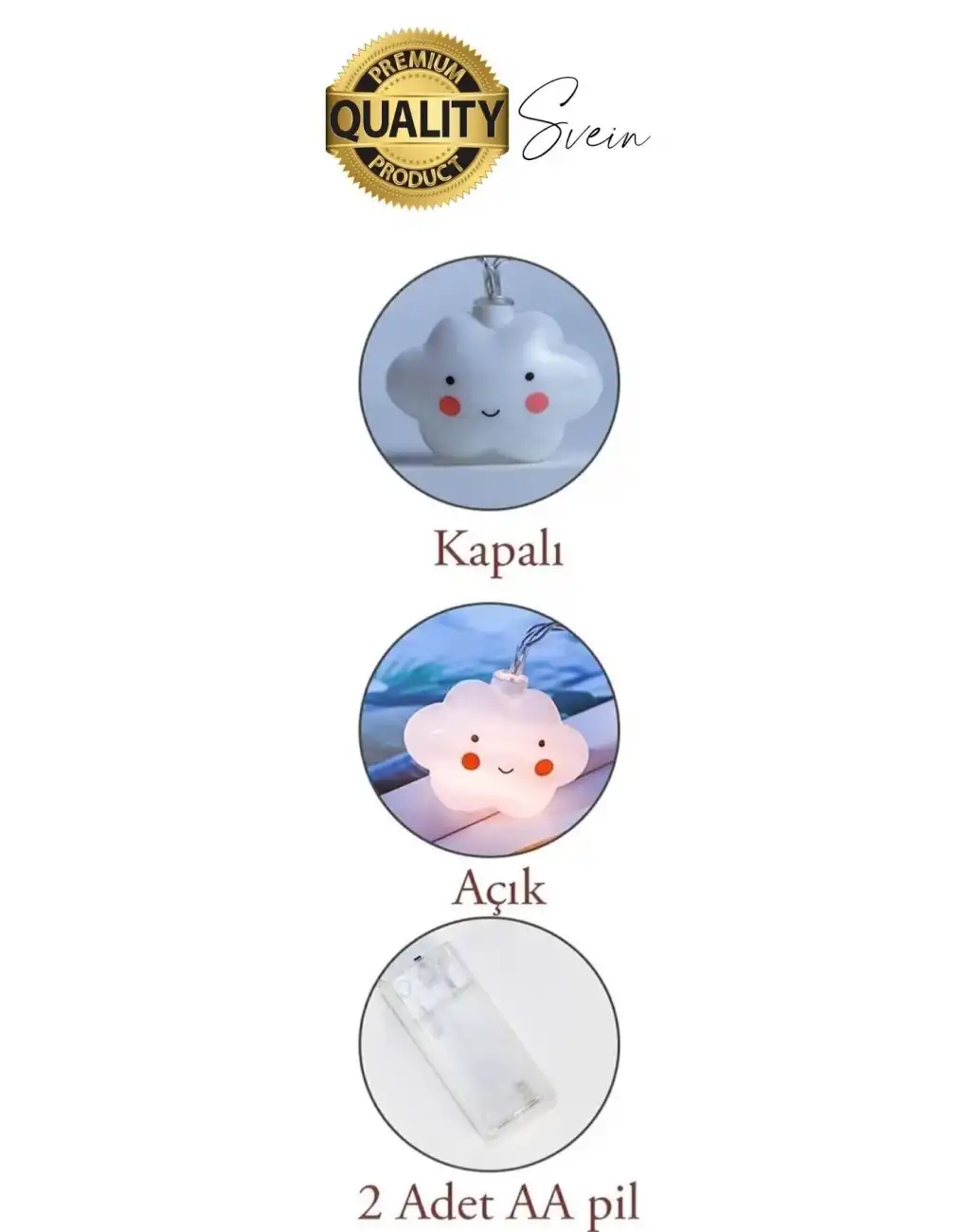 3D Sevimli Bulut Tasarımlı 2 Metre Şerit Zincir 10lu Led Işıklı Aydınlatma Dekor Süsleme Lamba