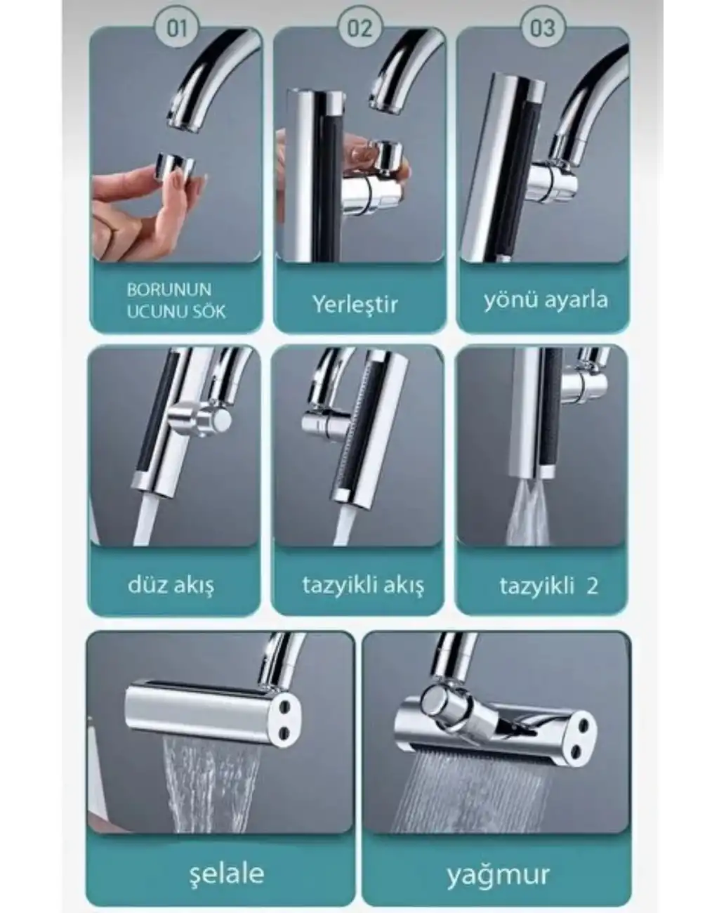 Özel Tasarım Dekoratif Mutfak Su Tasarruflu Krom Çelik 360 Derece Dönen Musluk Çok Fonksiyonlu