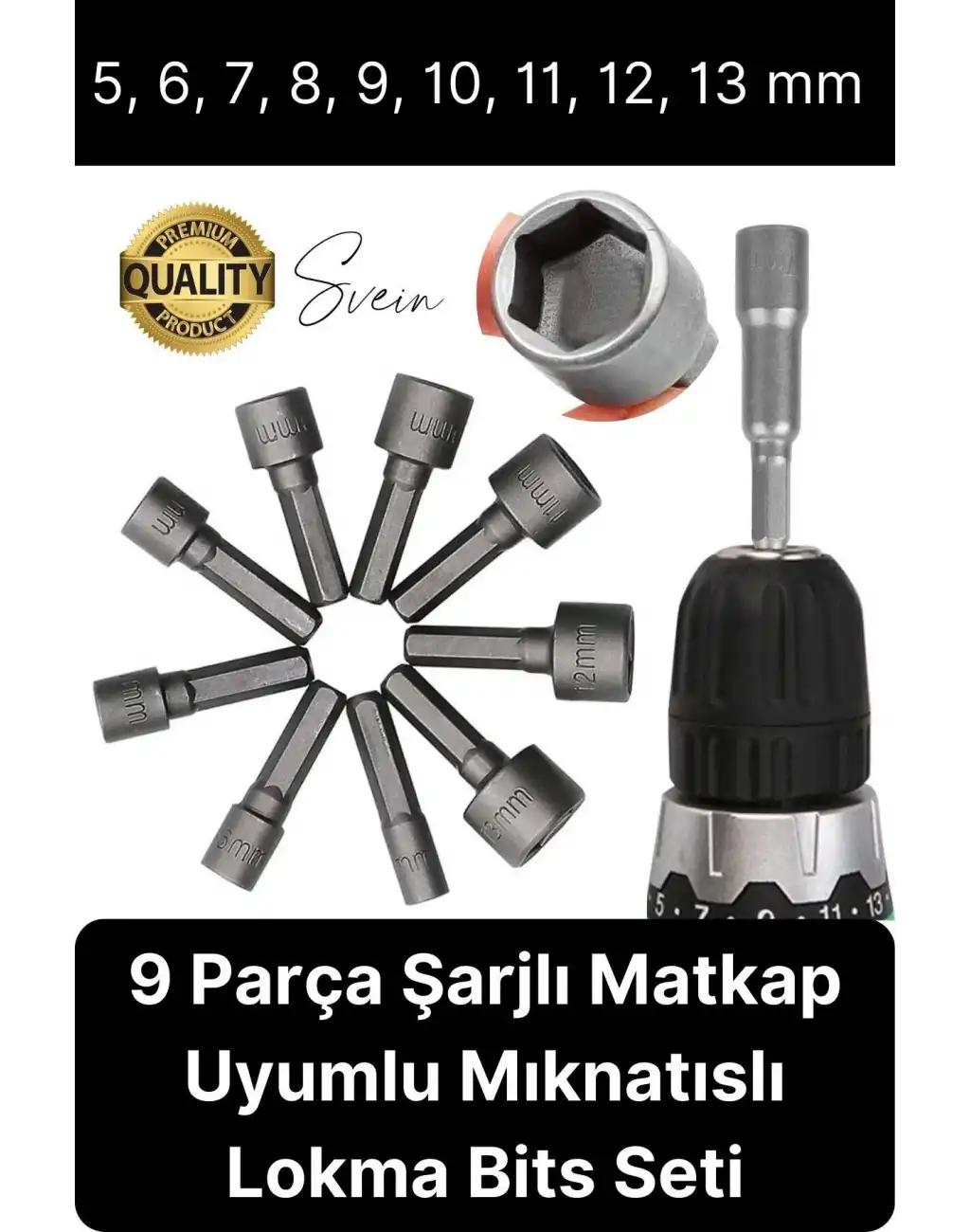 Premium 9 Parça Dayanıklı Somun Sökücü Sıkma Bits Lokma Seti Adaptör Matkap Ucu Altıgen Vidalama