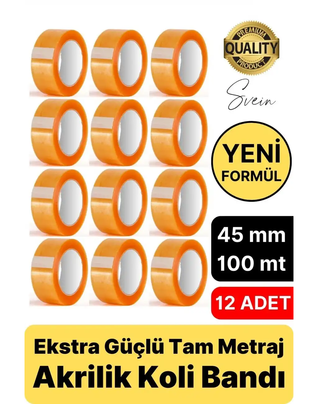 Ekstra Güçlü Yeni Formül 12 Adet 45 mm x 100 mt Koli Bandı Şeffaf Dayanıklı Bant Taşınma Ambalaj