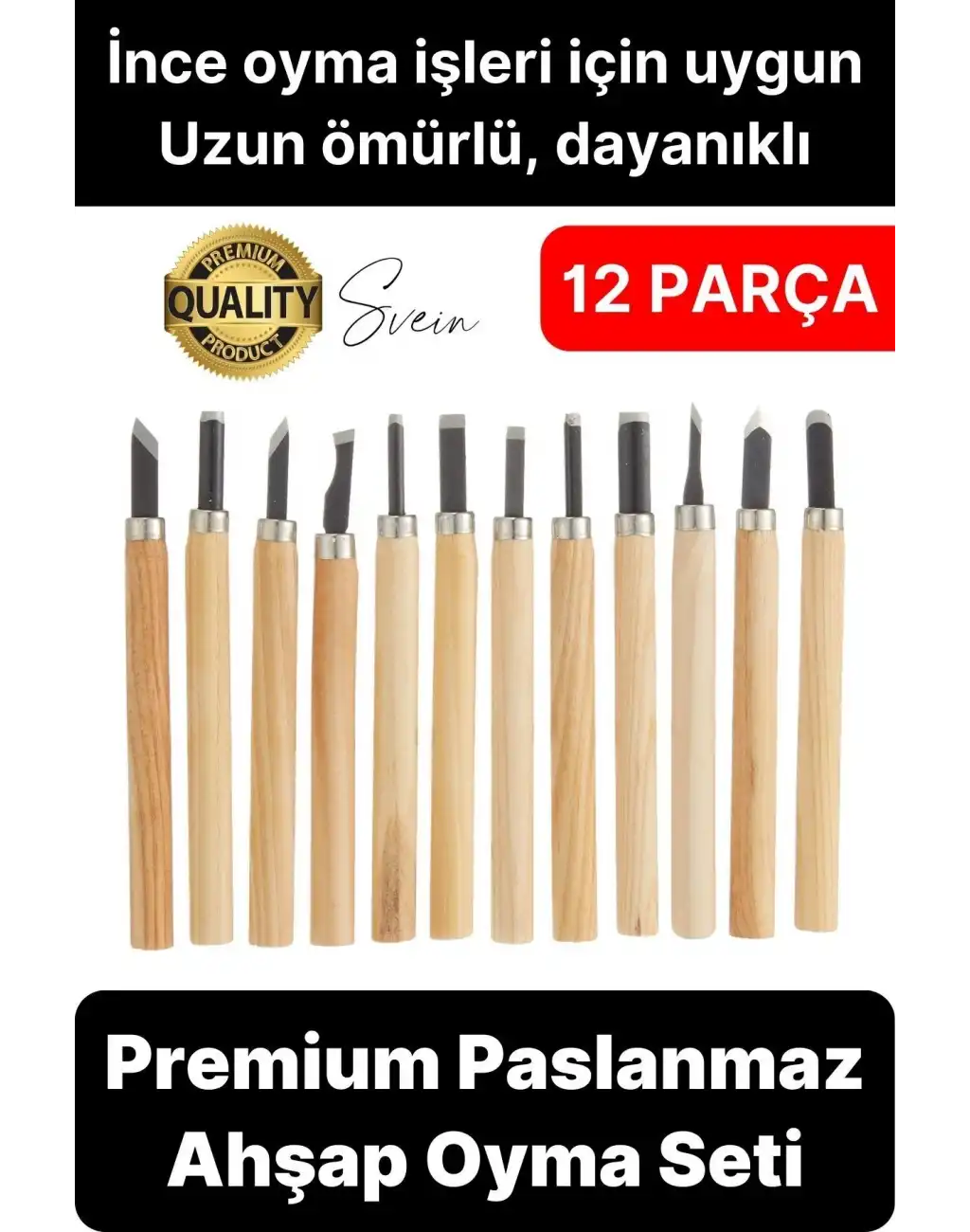 Premium Paslanmaz Ahşap El Oyma Bıçak Seti 12 Parça Siyah Uç İskarpela Hobi Profesyonel İşleme Aleti