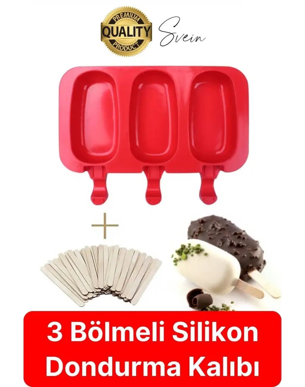 Premium 3lü Silikon Magnum Şeklinde Dondurma Yapma Kalıbı Ahşap Çubuklu Buzluk Puding Kabı Pratik