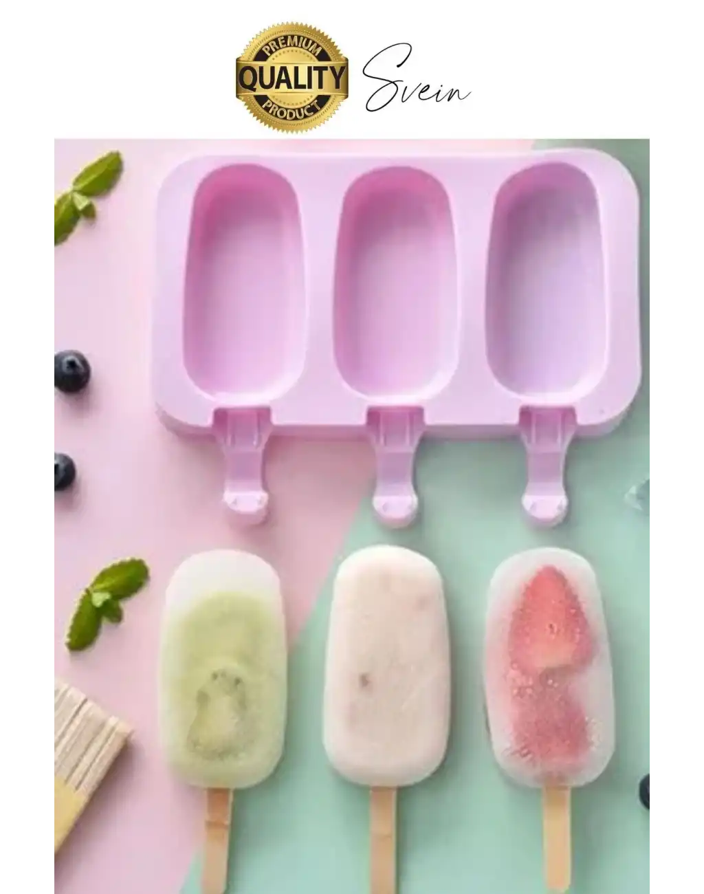 Premium 3lü Silikon Magnum Şeklinde Dondurma Yapma Kalıbı Ahşap Çubuklu Buzluk Puding Kabı Pratik