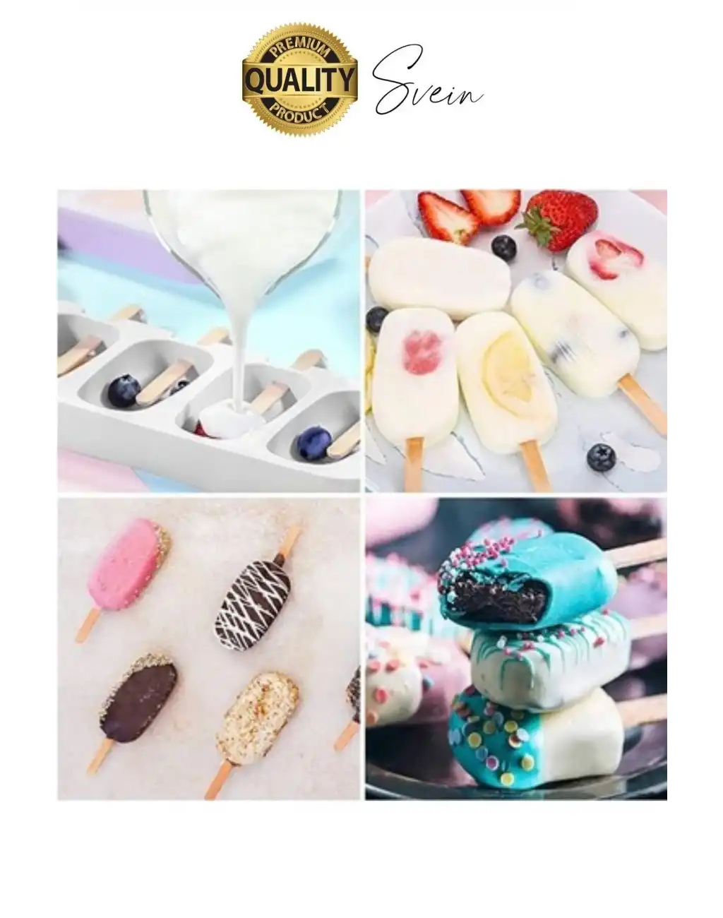 Premium 3lü Silikon Magnum Şeklinde Dondurma Yapma Kalıbı Ahşap Çubuklu Buzluk Puding Kabı Pratik