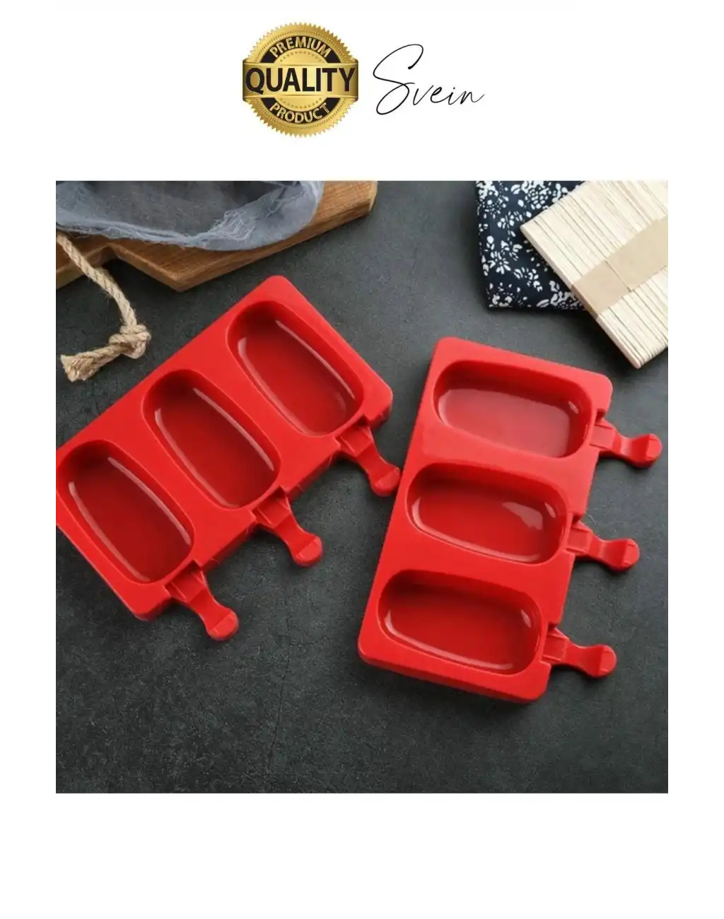 Premium 3lü Silikon Magnum Şeklinde Dondurma Yapma Kalıbı Ahşap Çubuklu Buzluk Puding Kabı Pratik