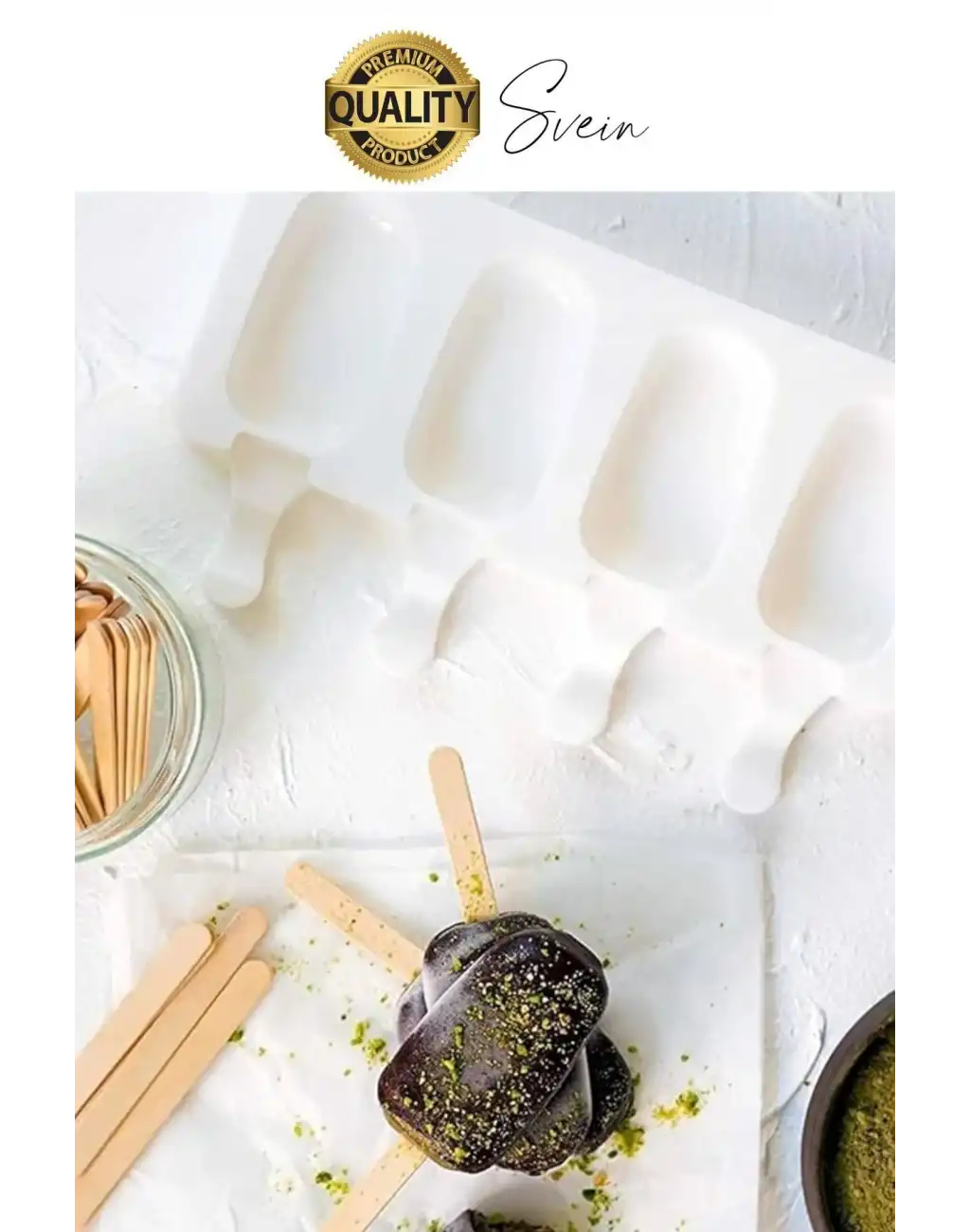 Premium 3lü Silikon Magnum Şeklinde Dondurma Yapma Kalıbı Ahşap Çubuklu Buzluk Puding Kabı Pratik