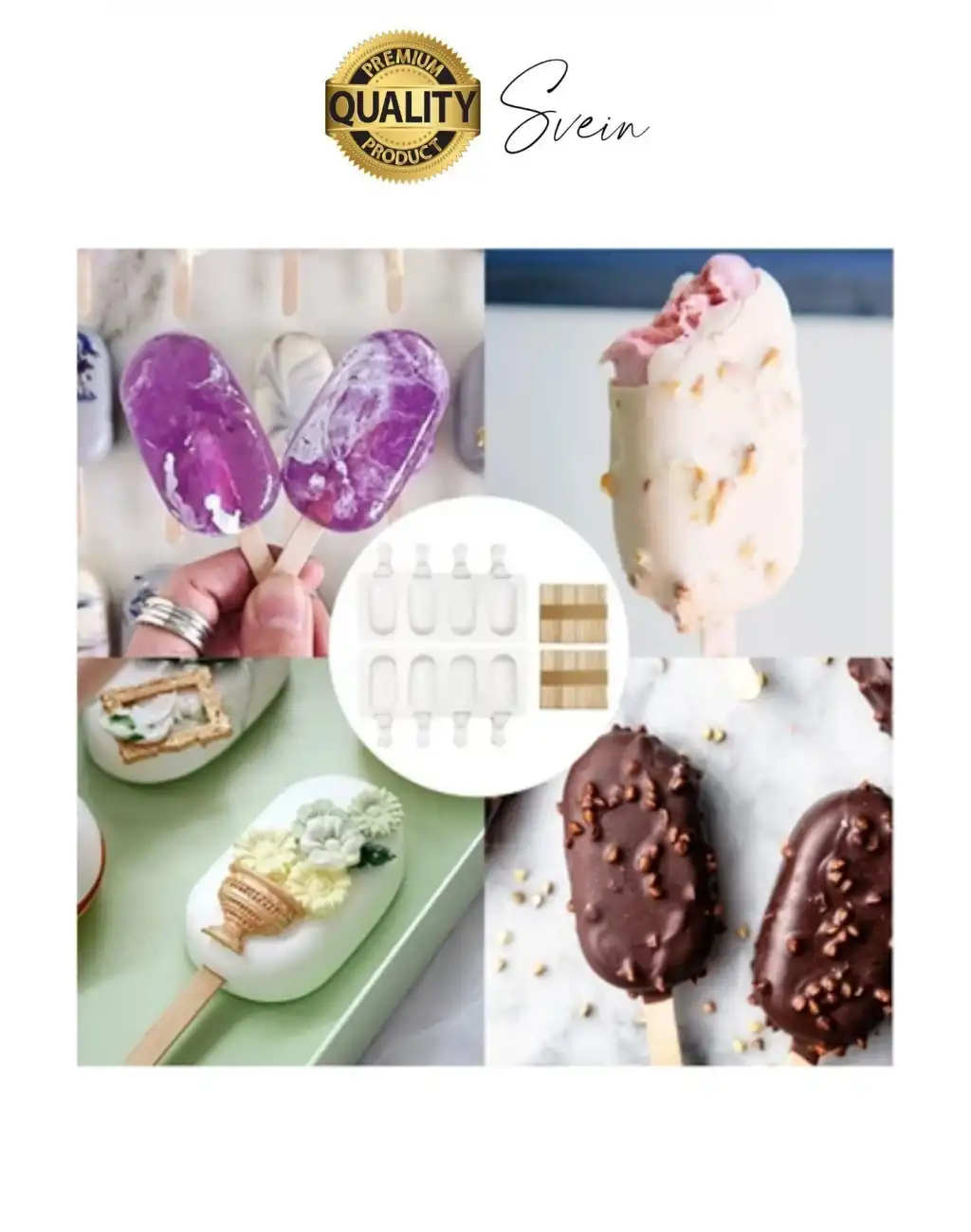 Premium 3lü Silikon Magnum Şeklinde Dondurma Yapma Kalıbı Ahşap Çubuklu Buzluk Puding Kabı Pratik