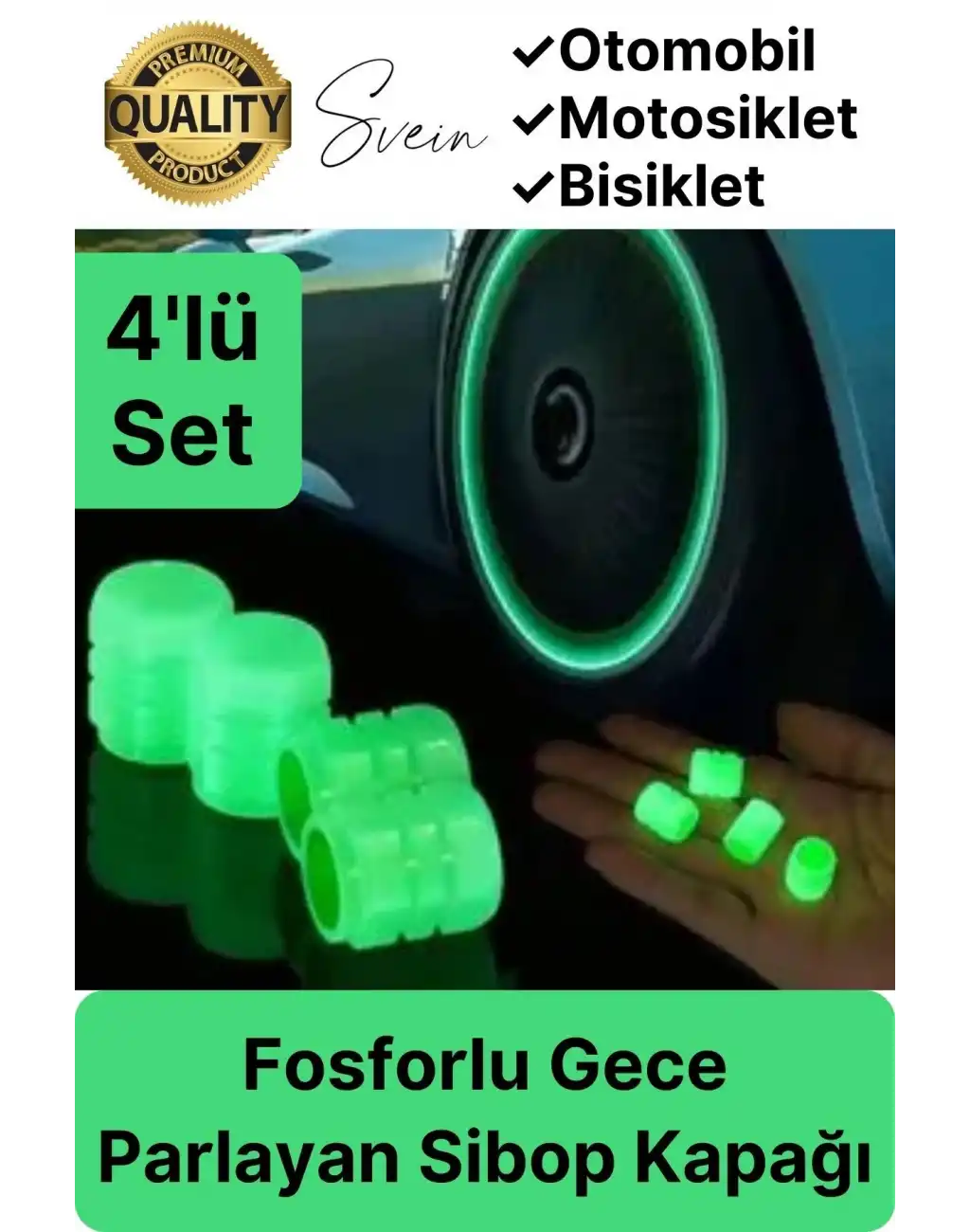 Özel Üretim Yeşil Fosforlu Sibop Kapağı 4 Set Tüm Araçlarla Uyumlu Gece Parlayan Sibob Jant Tekerlek
