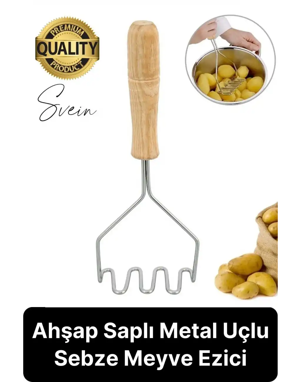 Premium Ahşap Saplı Patates Püre Sebze Yiyecek Yumurta Muz Meyve Ezici Paslanmaz Çelik Z Model