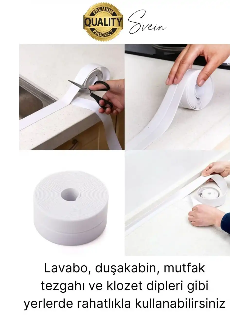 Ekstra Kalın 3.35 mt Banyo Küvet Duşakabin Mutfak Tezgah Lavabo Su Sızdırmaz Kenar Bandı Beyaz Bant