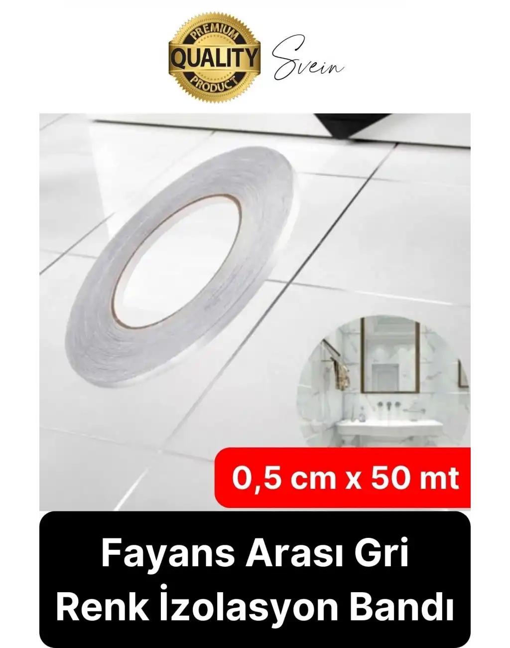 Premium Kendinden Yapışkanlı Gri Gümüş Renk Fayans Derz Arası İzolasyon Bandı Dekoratif Bant 0,5 cm