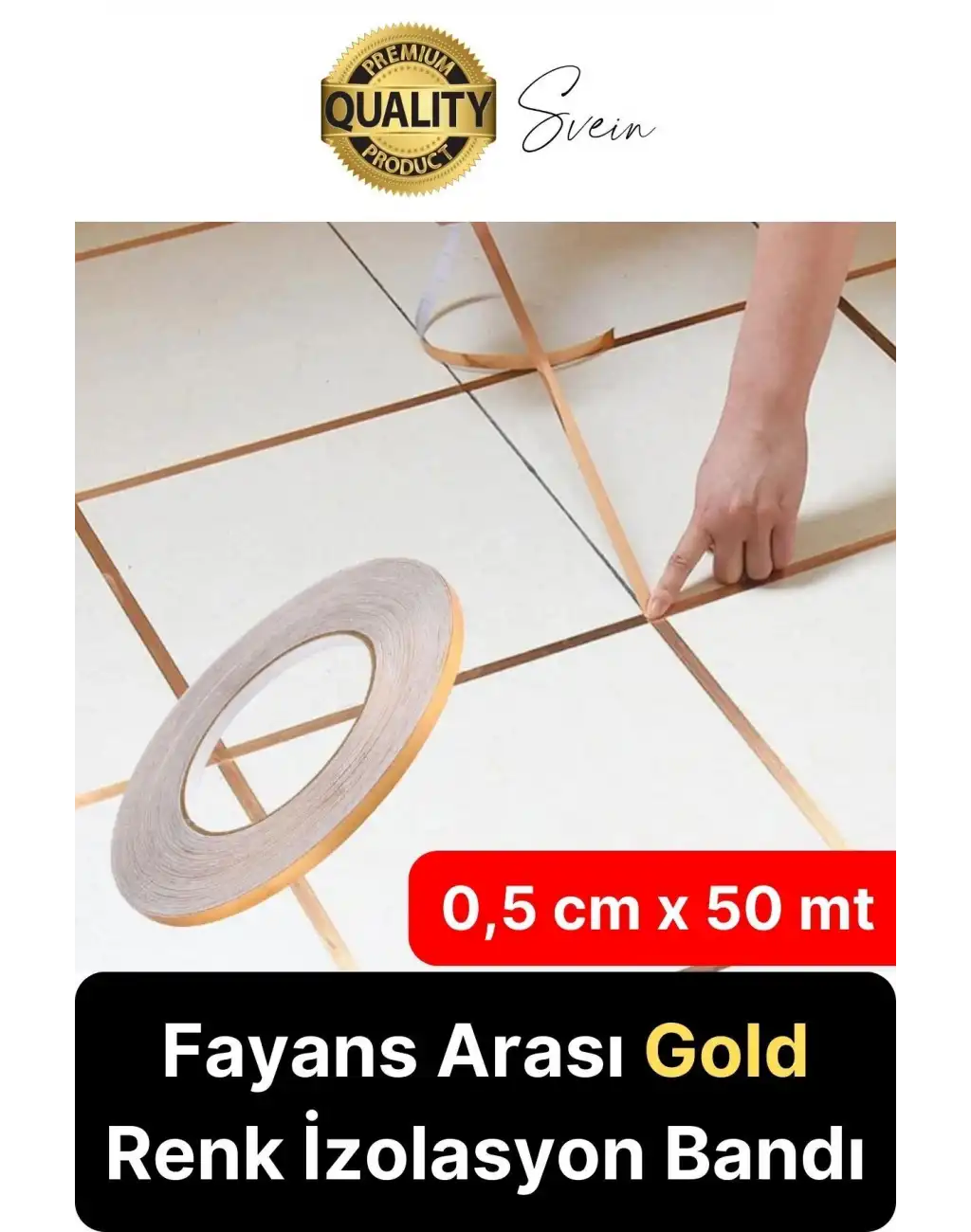 Premium Kendinden Yapışkanlı Gold Sarı Renk Fayans Derz Arası İzolasyon Bandı Dekoratif Bant 0,5 cm