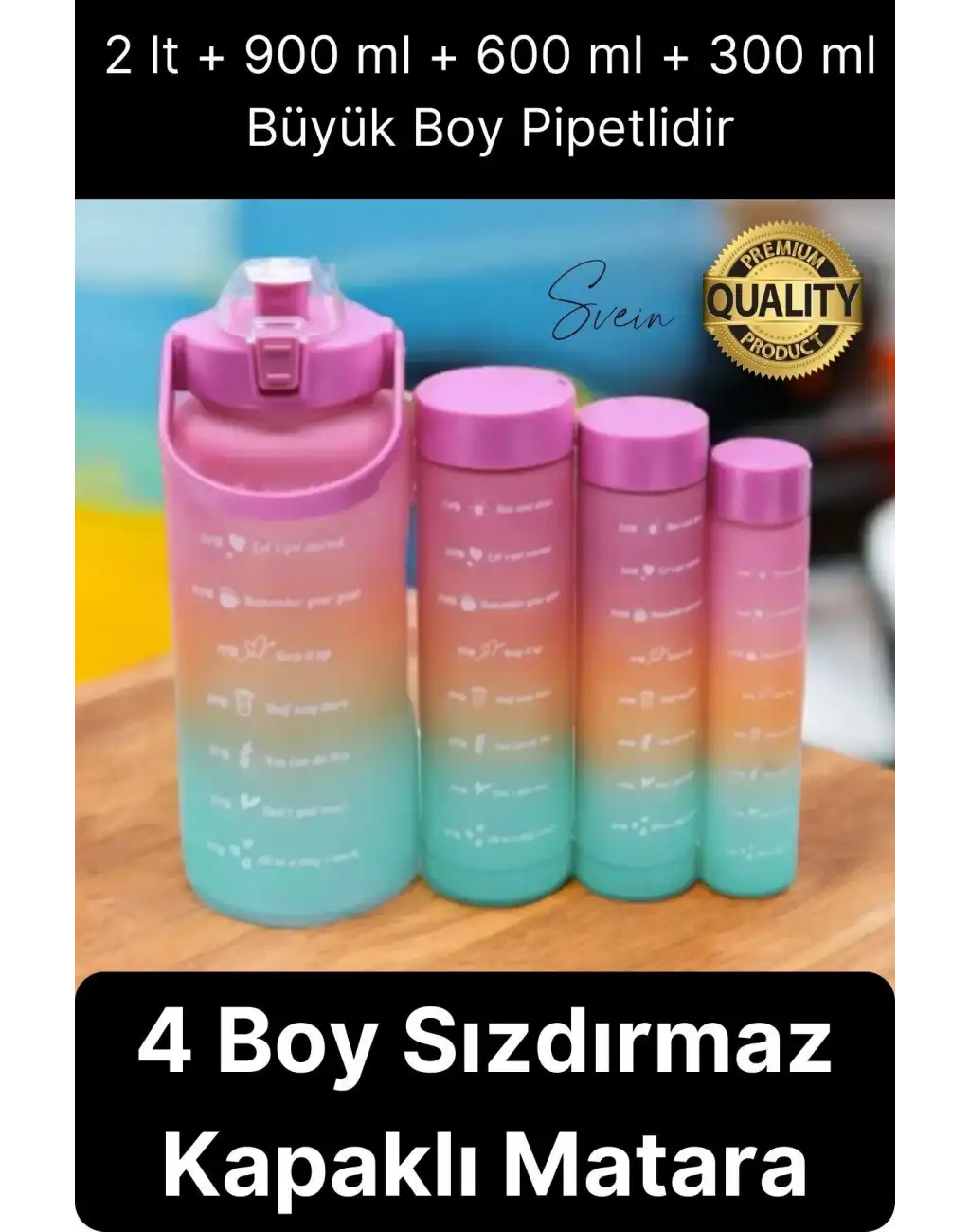 Yeni Model Pipetli 4 Boy Motivasyonel Su İçecek Matarası Sporcu Suluk Şişesi Renkli Büyük ve Küçük
