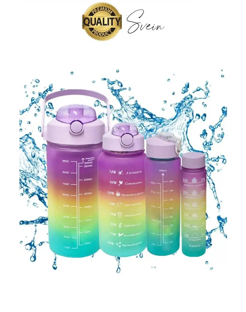 Yeni Model Pipetli 4 Boy Motivasyonel Su İçecek Matarası Sporcu Suluk Şişesi Renkli Büyük ve Küçük