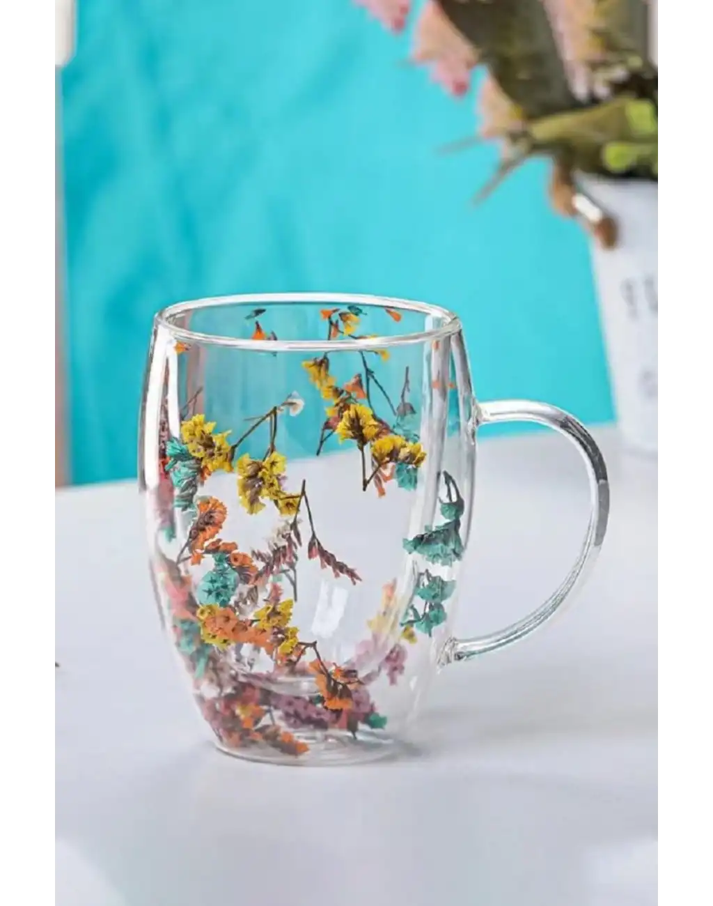 Özel Üretim Kurutulmuş Çiçekli Şık Dayanıklı Cam Kupa Bardak Hediyelik Kulplu Fincan 250 ml