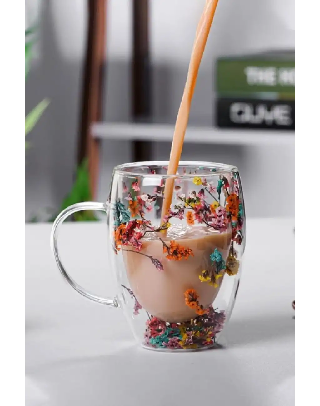 Özel Üretim Kurutulmuş Çiçekli Şık Dayanıklı Cam Kupa Bardak Hediyelik Kulplu Fincan 250 ml
