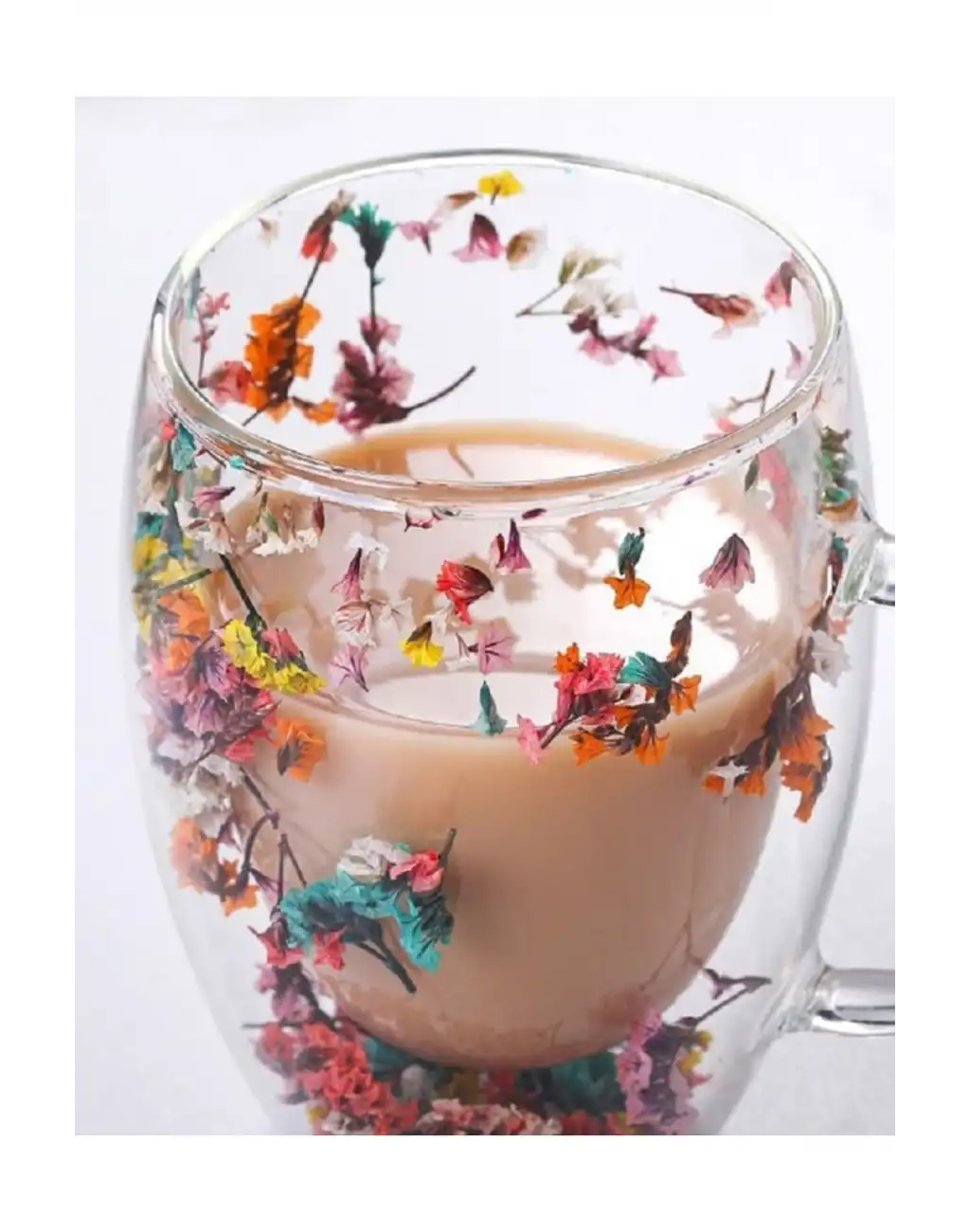 Özel Üretim Kurutulmuş Çiçekli Şık Dayanıklı Cam Kupa Bardak Hediyelik Kulplu Fincan 250 ml