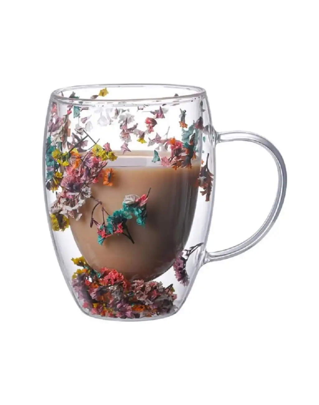 Özel Üretim Kurutulmuş Çiçekli Şık Dayanıklı Cam Kupa Bardak Hediyelik Kulplu Fincan 250 ml